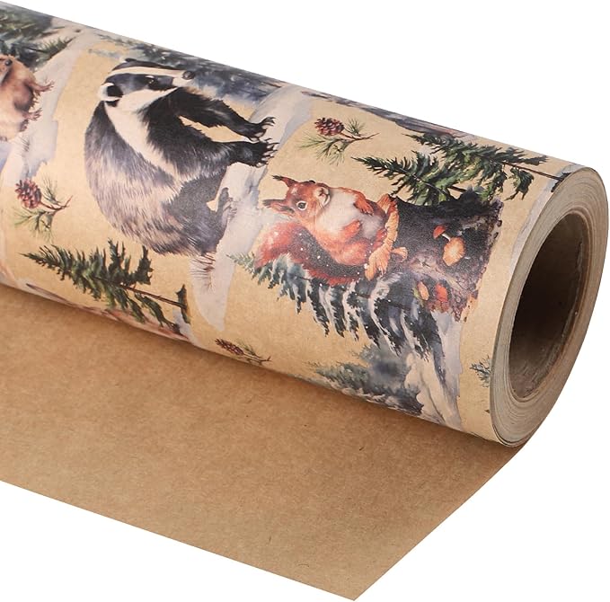 WRAPAHOLIC Kraft Christmas Wrapping Paper - Mini Roll - 17 Inch x 33 Feet - Wild Animals Winterfall Watercolor Design for Christmas, Holiday, Party Celebration