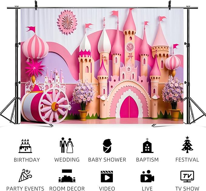 12x10ft Princess Castle Backdrop Pink Purple Floral Girl Birthday Photography Background Kids Birthdays Newborn Baby Shower Banner Decorations Wedding Party Portrait Photo Booth Prop