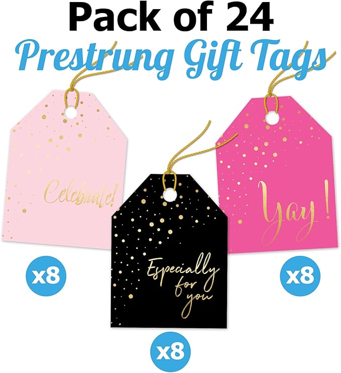 Pro Supply Global 24 Count of 2.5 Inch x 3 Inch Pre Strung Gold Confetti Gift Tag Assorted Printed Designs on Large Cardstock Gift Hang Tags - Ideal to Use on Bags