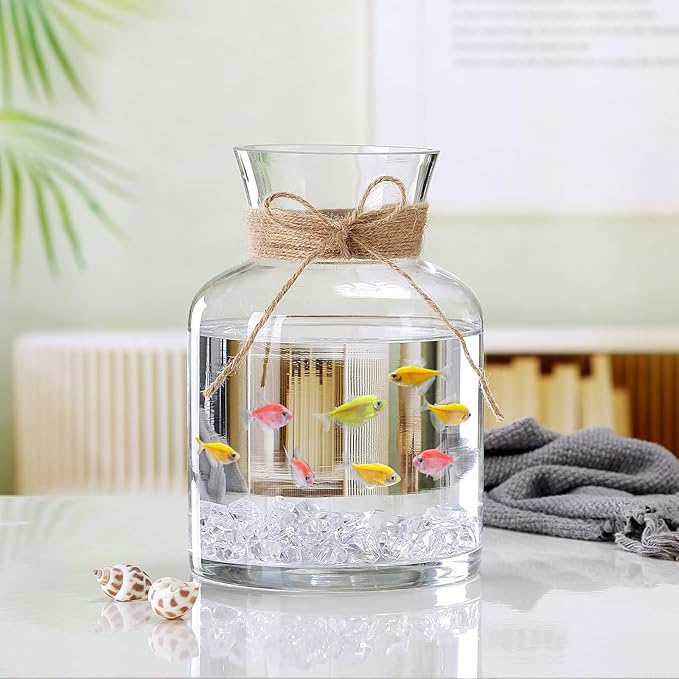 8" Decorative Modern Flower Vase with Twine Rope for Floral Arrangements, Wide Mouth Large Clear Glass Vase for Bouquet(Transparent) (Clear, 03)
