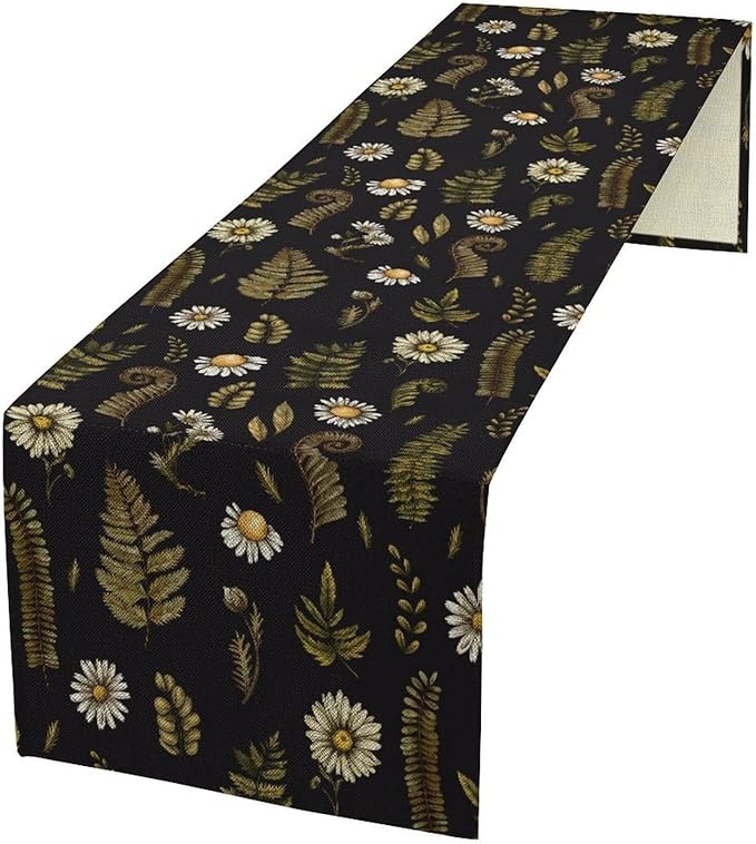 Vintage Daisy Flower Table Runner, Rustic Forest Green Plants Leaves Wild Floral Ferns Print Holiday Kitchen Dining Coffee Table Decoration for Home Indoor Outdoor Party, 13x120inch