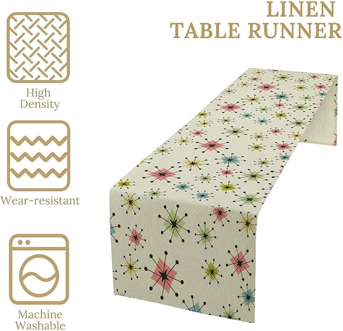 Mid Century Table Runner, Flag Retro Atomic Starburst 1950s Abstract Geometric Space Tabletop Decoration for Home Kitchen Restaurant Table Flag 13x90 Inch