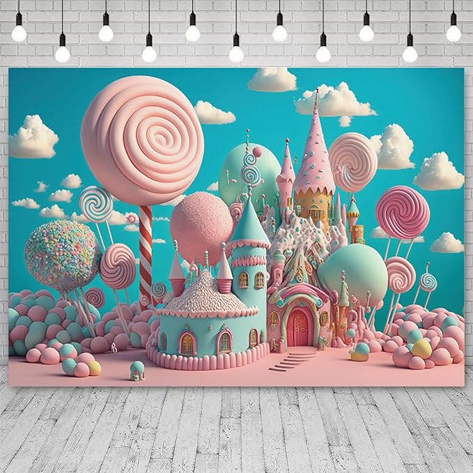 20x10ft Candyland Backdrop Sweet Candy Castle Photography Background Fantasy Lollipop Blue Sky White Cloud Cartoon Kids Birthday Banner Decorations Baby Shower Portrait Photo Booth Prop