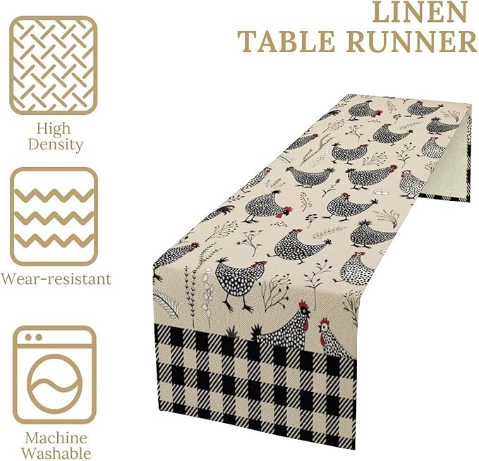 Farmhouse Rooster Table Runner Vintage Farm Funny Chicken Flower Dinner Runner for Country Farmhouse Home Kitchen Dinner Table Holiday Party Decoration 13x108in