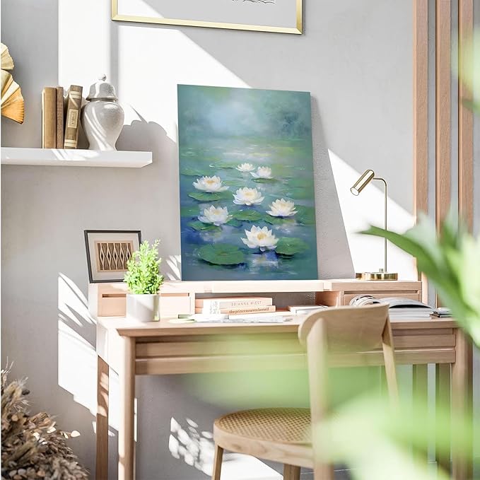 Zen wall art Delicate white lotus flower floating on calm water Vintage oil painting print Serene aquatic wall art creates a tranquil home decor 28x40in Wood Framed