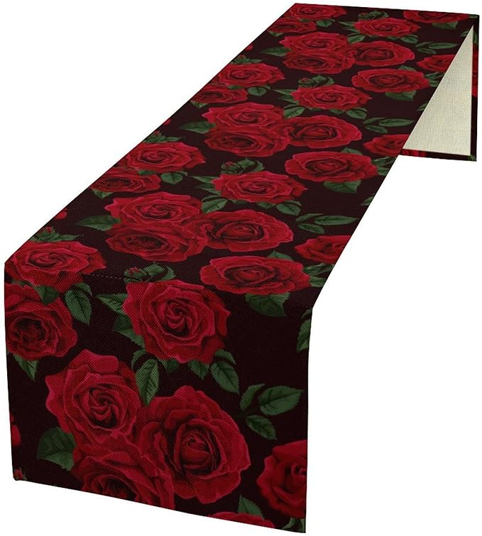 Red Rose Table Runner,Romantic Spring Summer Seasonal Table Runner for Indoor Outdoor Holiday Home Wedding Party 13x60 Inch