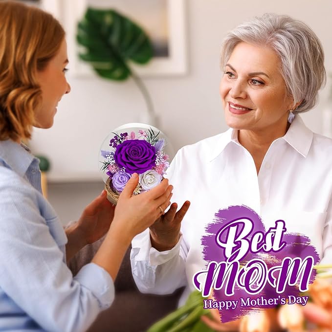 Preserved Roses Forever rose in glass dome - Birthday Gifts for Women Mom, Real Flowers for Delivery Prime | Rose Gift for Grandma Wife Sister Friend(Mix purple)
