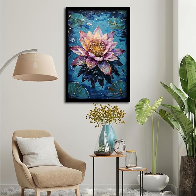 Gorgeous pink and purple water lilies on deep blue water Eye-catching oil painting Serene aquatic wall art for modern home decor 12x18in Metal blackFramed