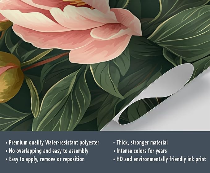 KIREUPA Peony Flower Wall Mural, Retro Pink Peony Flower 3d Wall Murals, Romantic Garden Theme Wallpaper Mural, for Living Room Bedroom Large Wallpaper Indoor Decor 59" W x39.4 H