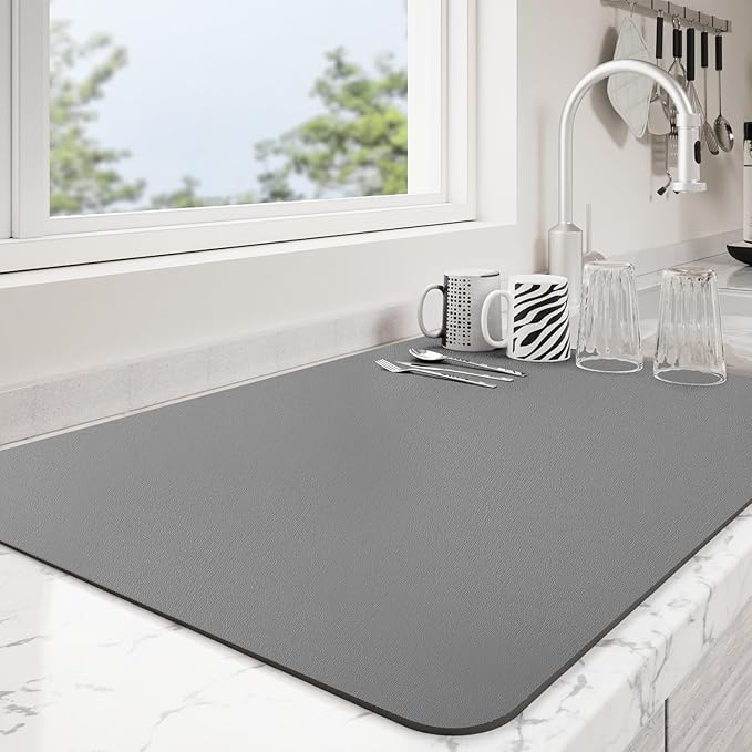Dish Drying Mat for Kitchen Counter | Coffee Bar Mat for Countertops | Heat Resistant Drainer Mat with Non-slip Rubber Backed | Hide Stain Kitchen Absorbent Draining Mat | Dark Grey 18"x24"