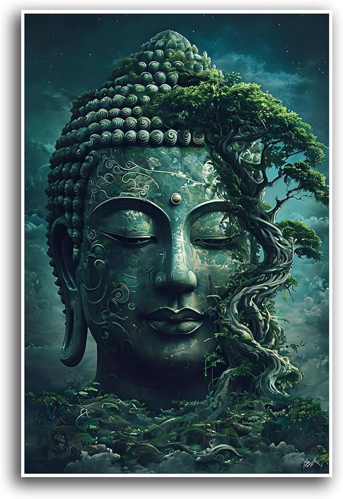 Buddha statue wall art canvas wall decor aesthetic picture mystical nature art for tranquil home and spiritual space 28x40in Frameless