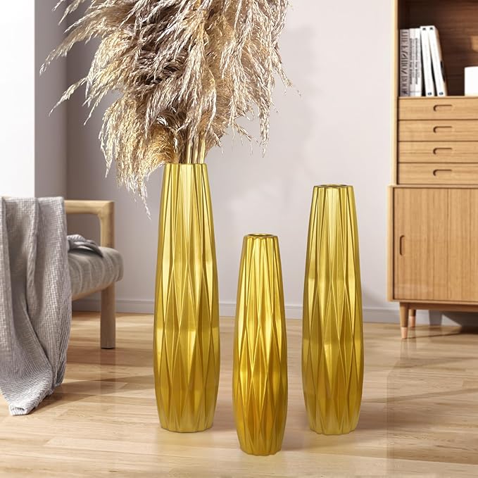 Gold Ceramic Tall Floor Vase,17.7 Inch Large Modern Flower Vases for Home Décor,Wicker Big Floor Vases Decorations for Farmhouse, Living Room,Bedroom,Standing Plastic Vase Decorative Tall