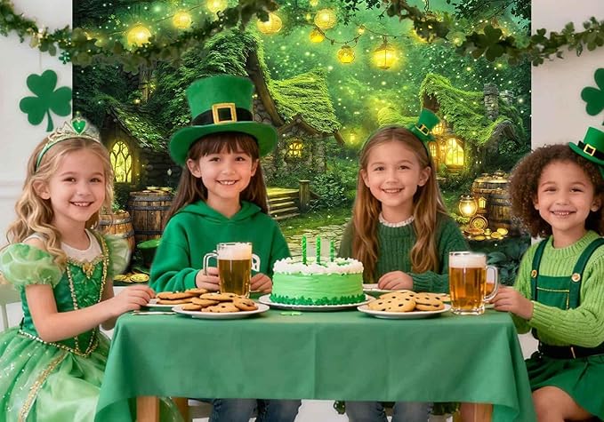 12X10ft St. Patrick's Day Backdrop Magic Enchanted Forest Green House Lucky Irish Shamrock Gold Coins Wonderland Photography Background for Kids Girls Party Decoration Cake Table Photo Booth Props