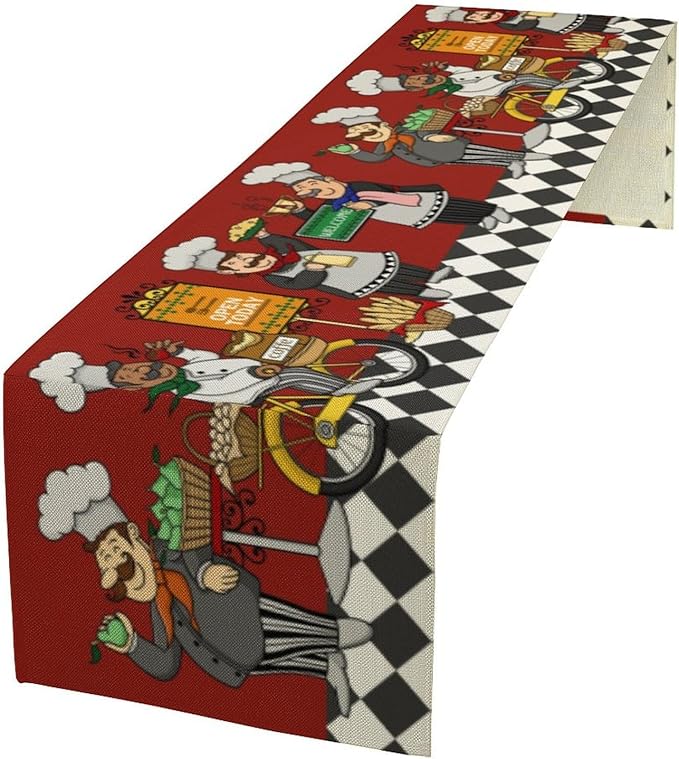 Retro Chef Table Runner,Farmhouse Burlap Table Runners for Party Wedding, Chef Decorations for The Kitchen, Chef Kitchen Decor 13x36in