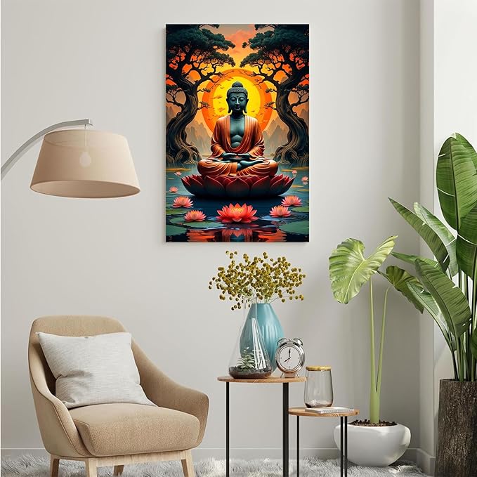 Canvas wall art Golden Buddha on lotus at sunset Ancient trees with reflections on water Serene meditation scene Uplifting wall art for mindfulness and tranquil home decor 12x18in Frameless