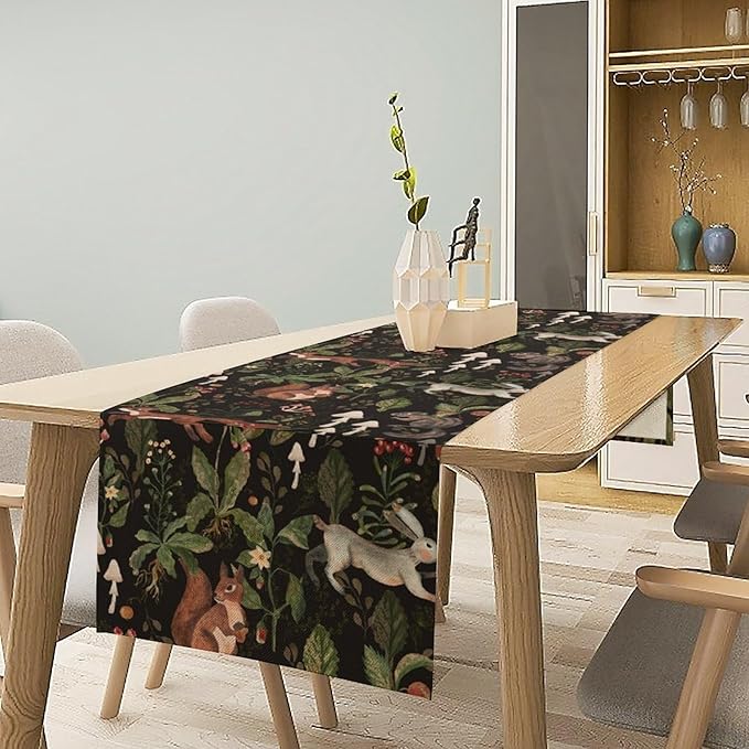 Rustic Woodland Table Runner, Rustic Forest Wild Animals Bunny Rabbit Squirrel Mushroom Plants Table Runner for Holiday Farmhouse Kitchen Dining Table Decor, 13x36inch