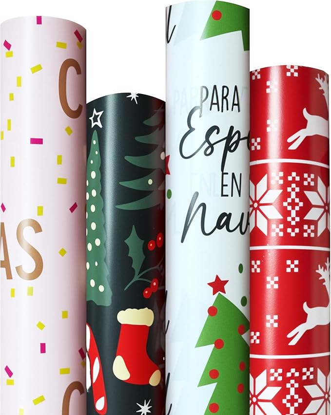 4 Rolls Christmas Wrapping Paper, 30 Inch x 14.8 Feet per Roll, Totaling 148 sq. ft. – Reindeer, Tree, Snowflake & Pink Letter Designs, Eco-Friendly & Durable Gift Wrap for Christmas Presents and Holiday Decorations