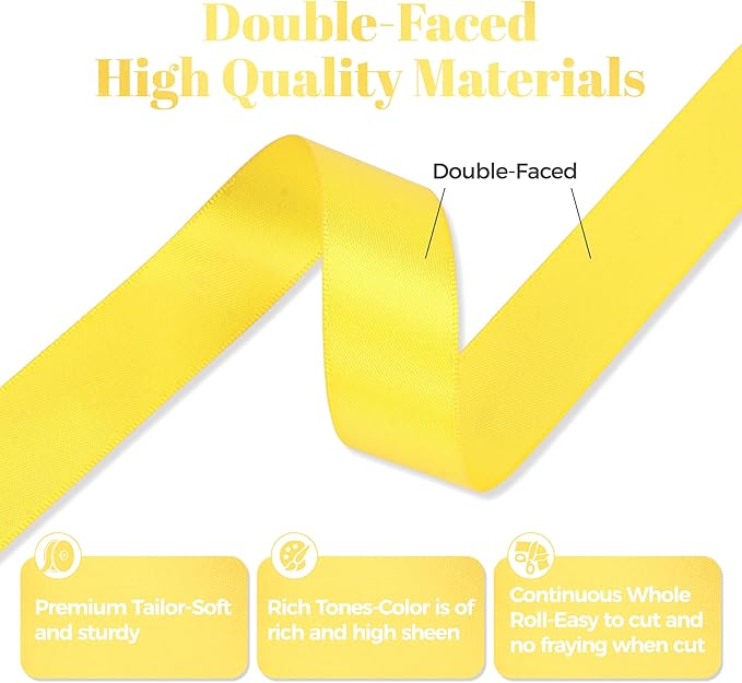 Daffodil Yellow Satin Ribbon, Double Faced 7/8 Inch X 50 Yards Daffodil Ribbon, Premium Satin Ribbon for Gift Wrapping, Crafts, Hair Bow Making, Sewing, Flower Bouquet, Wedding Party Decor