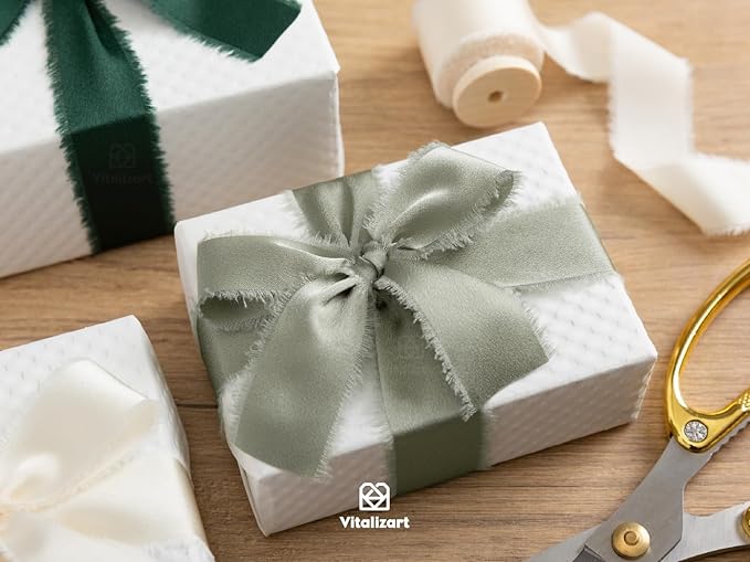 Vitalizart Green & White Silk Satin Ribbon 1 Inch x 15 Yard Wooden Spool Handmade Frayed Ribbon for Gift Wrapping Baby Shower Wedding Bridal Bouquets Holiday Decor Dark Dusty Cream