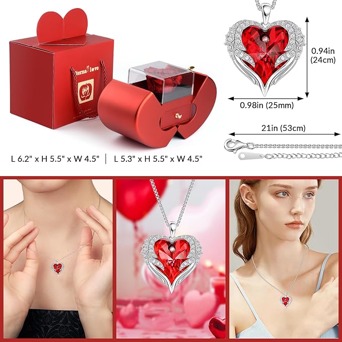 Suturun Preserved Real Rose,Eternal Flower Rose with Heart Necklace,Preserved Flowers Rose Gifts for Women,Girlfriend,Mom,Wife,Gifts Idea on Christmas,Valentine's Day,Mother's Day,Birthday,Anniversary
