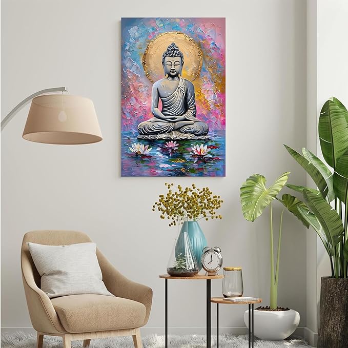 Lotus and golden Buddha meditation tranquil zen wall art mindfulness wall art for spiritual harmony and tranquility decor 24x36in Frameless