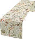 Country Forest Table Runner, Wild Animal Hare Squirrel Owl Snake Snail Flowers Mushroom Print Table Runner for Spring Holiday Farmhouse Kitchen Indoor Outdoor Decoration, 13x108inch