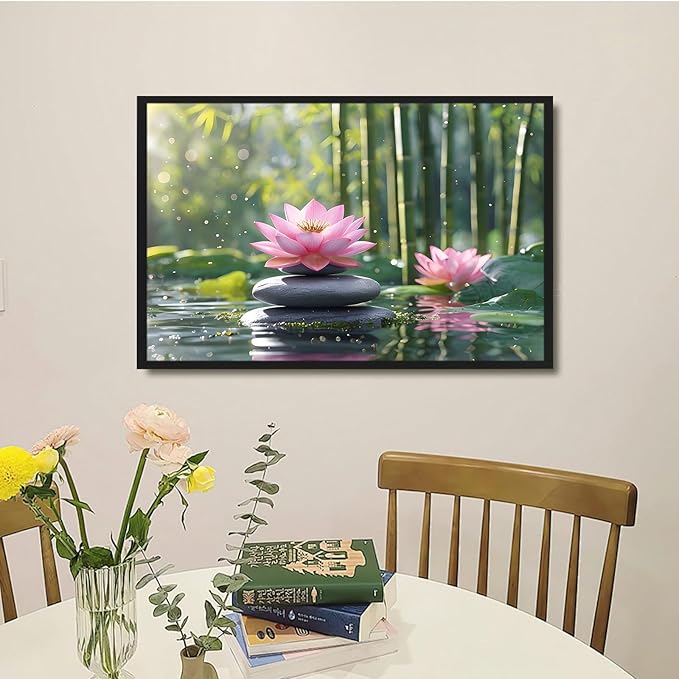 Ethereal pink lotus on obsidian Sunlit bamboo forest with sparkling water drops Poetic nature inspired wall art for tranquil homes and mindful spaces 24x36in Metal blackFramed