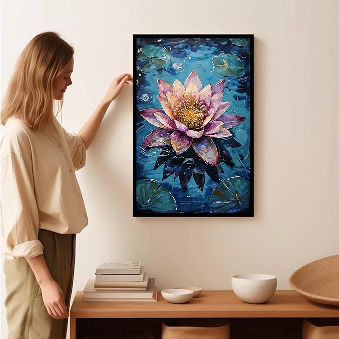 Gorgeous pink and purple water lilies on deep blue water Eye-catching oil painting Serene aquatic wall art for modern home decor 16x24in Metal blackFramed