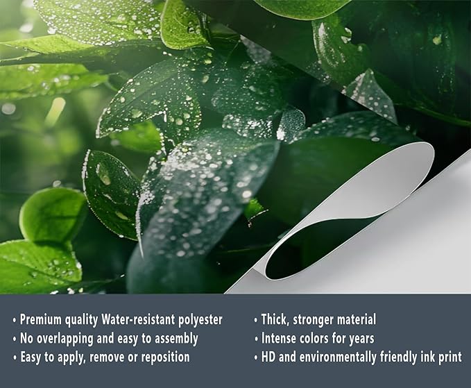 Dewdrops Green Leaf Wall Mural, Botanical Forest Sunlight 3D Wall Murals, Refreshing Nature Wallpaper Mural, for Living Room Bedroom Large Wallpaper Indoor Decor 78.7" W x55.1 H