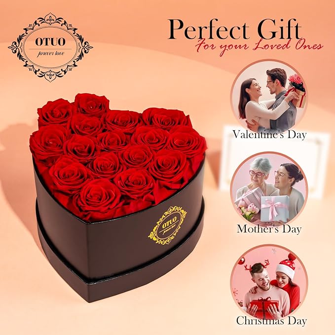 16 Preserved Roses in Heart-Shaped Box, Flowers for Delivery Prime Last up 2 Years, Real Forever Flowers for Wife, Girlfriend, Mother, Eternal Roses for Anniversary - Red