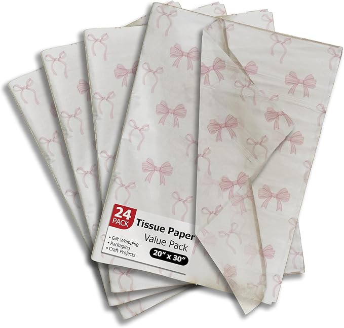 Pro Supply Global Pink Bows Printed Tissue Paper for Valentine's Day Gift Bags or Boxes and Wrapping - Bulk Decorative Art Tissue Paper for Packaging and Gifting | 24 Sheets 20" x 30"
