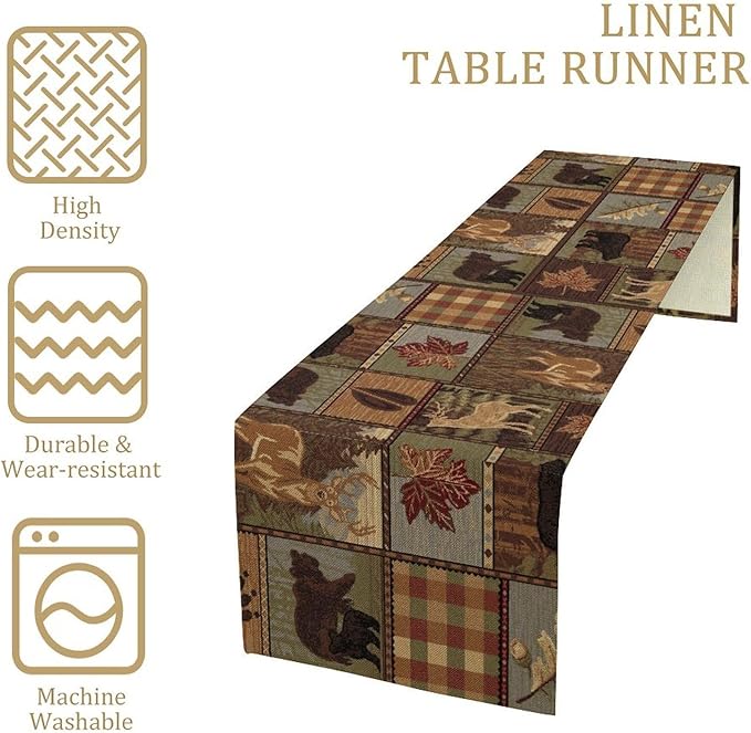 Rustic Bear Table Runner, Vintage Cottage Country Style Pine Tree Elk Wildlife Dinner Runner for Home Kitchen Dining Table Decoration 13"x120"