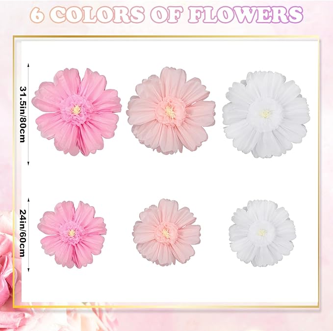 Giegxin 6 Pcs 31.5 " 24 " Pink and White Giant Paper Flowers Extra Large Pink Floral Tissue Paper Flowers Floral Decoration for Mexican Fiesta Wall Wedding Bridal Shower Birthday Decor
