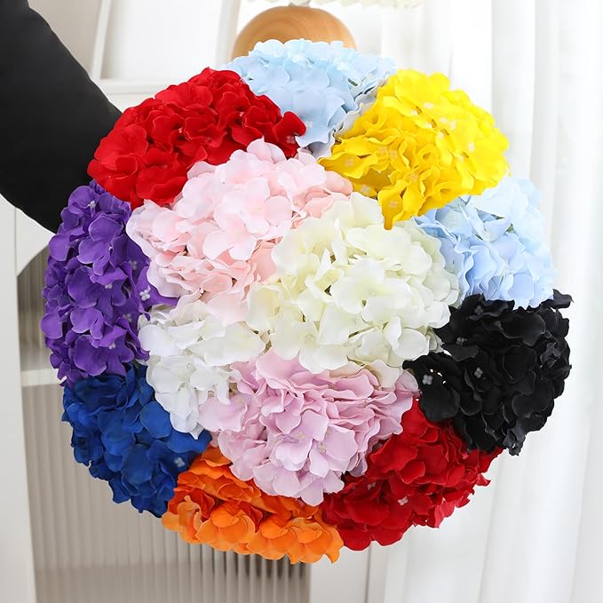 Fake Black Hydrangea Artificial Flowers - Faux Silk Hydrangeas Flowers Heads with Stems Real Touch for Home Wedding Party Table Decor(Black,Black of 10)