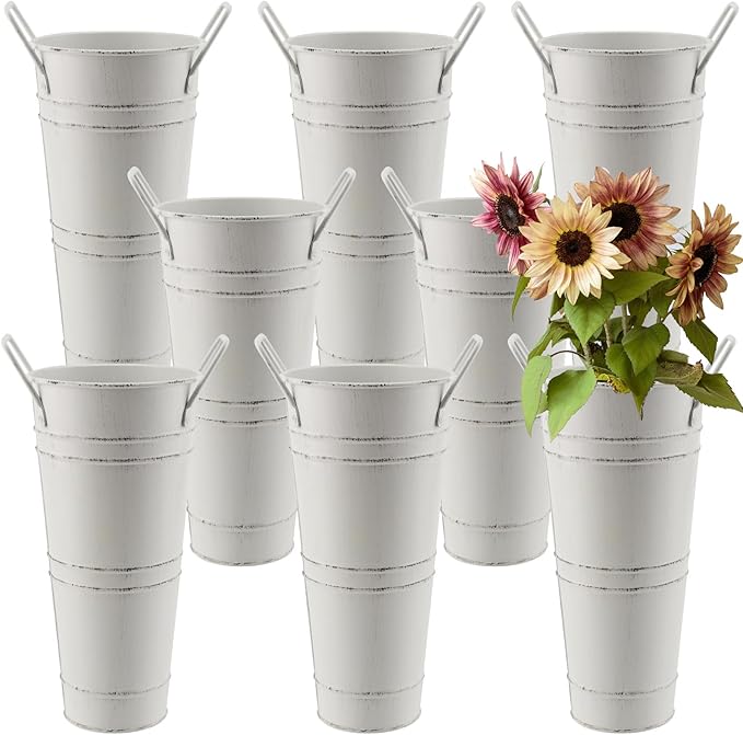 8 Pack 9 Inch Tall Galvanized French Flower Bucket, White Farmhouse Vintage Metal Vases with Handle for Flower Arrangements