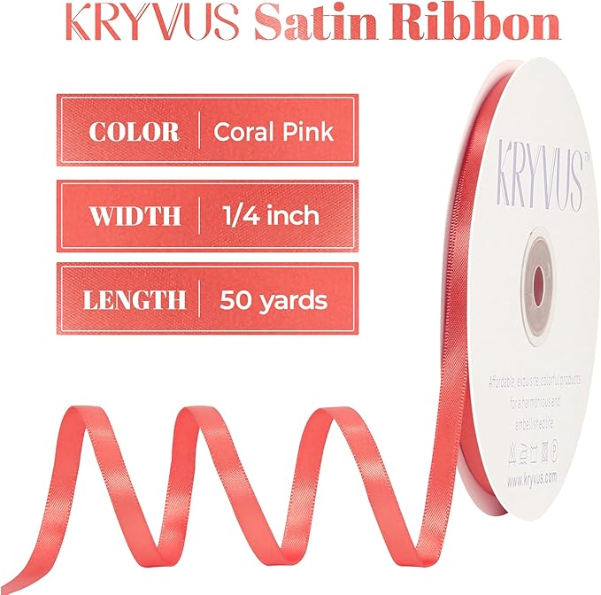 Coral Satin Ribbon, Double Faced 1/4 Inch X 50 Yards Coral Ribbon, for Gift Wrapping, Crafts, Hair Bow Making, Sewing, Flower Bouquet, Wedding Party Decor
