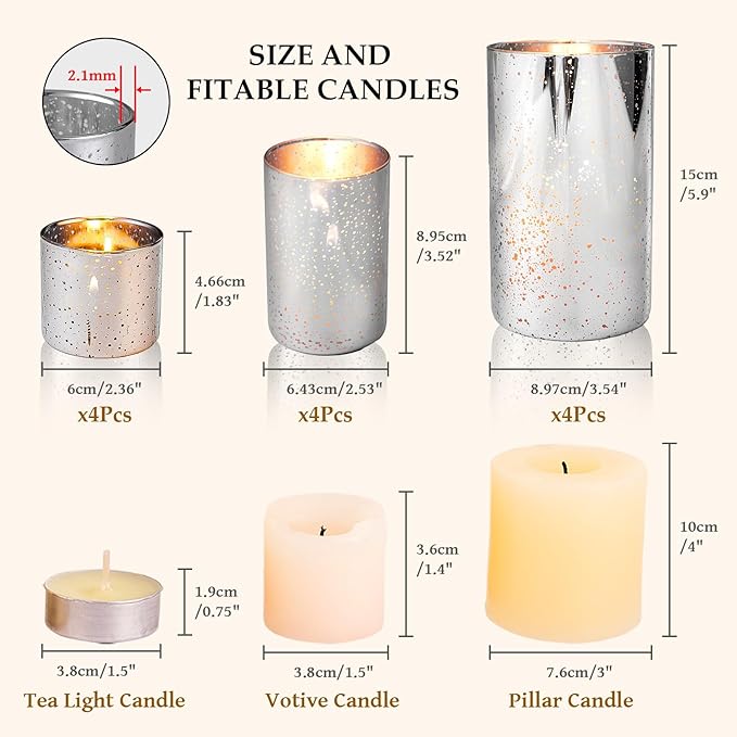 CHILL RECIPE Silver Cylinder Vases Glass Candle Holders Bulk, Mercury Hurricane Candle Holder Small Flower Vases for Centerpieces Tea Light Pillar Votive Candles Wedding Decor Party (4 Set 12Pcs)