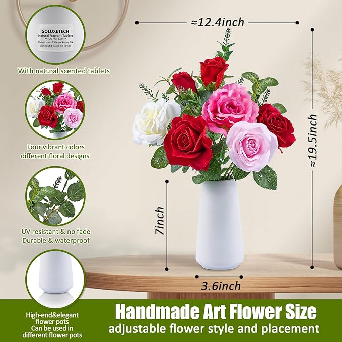 Artificial Roses with Flowers Scent Tablets with White Ceramic Basin Red White Pink Lifelike Faux Roses Fake Flowers for Wedding Party Festivals Home and Office Indoor Outdoor Decor