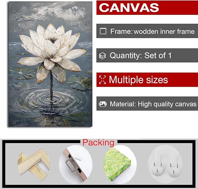 Stunning white lotus emerges from prismatic water with delicate petals background Serene aquatic wall art suitable for modern minimalist decor 8x12in Wood Framed