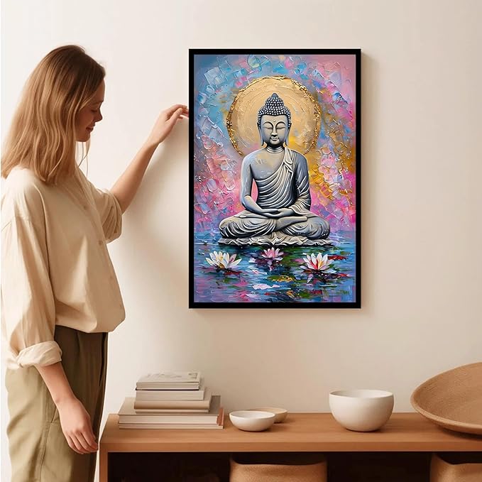 Lotus and golden Buddha meditation tranquil zen wall art mindfulness wall art for spiritual harmony and tranquility decor 8x12in Metal blackFramed