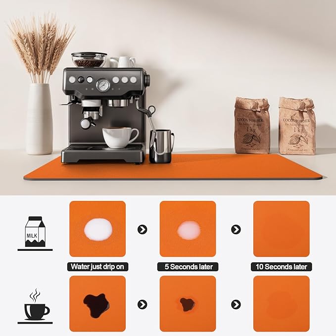 Dish Drying Mat for Kitchen Counter | Coffee Bar Mat for Countertops | Heat Resistant Drainer Mat with Non-slip Rubber Backed | Hide Stain Kitchen Absorbent Draining Mat | Orange 18"x24"