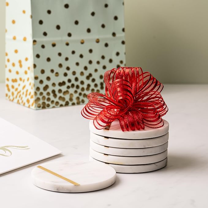 Cork & Mill Marble Coasters Set of 6 - Luxury Aesthetic Modern Decor for Coffee Table- White Marble with Gold Brass Inlay - Real Natural Semi Absorbent Stone Coasters