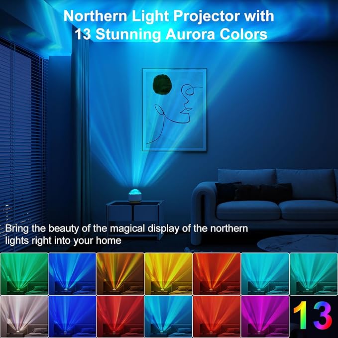 Northern Lights Projector, 13 Colors Aurora Night Light Projector for Bedroom, 3 Timers, Remote Galaxy Light Projector, Memory Function Dimmable Mood Lighting for Playroom Kids Teen Girl Gift