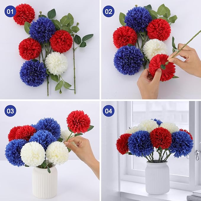Hananona 12 Pcs Artificial Chrysanthemums Flowers Patriotic Flower, 4th of July Fake Mums Flowers Silk for Home Decor Indoor Memorial Day Table Centerpiece Vase not Included (12, Red, White, Blue)