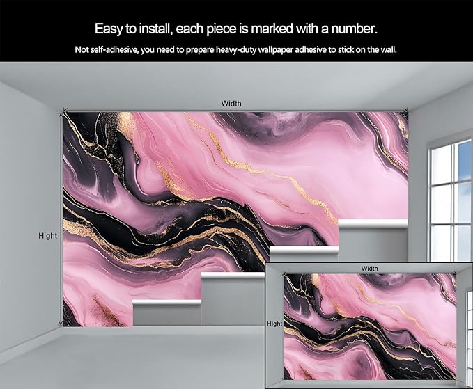 Pink Black Marble Wall Mural, Luxury Fluid Art 3D Wall Murals, Gold Vein Abstract Marble Wallpaper Mural, for Living Room Bedroom Large Wallpaper Indoor Decor 177.16" W x120 H