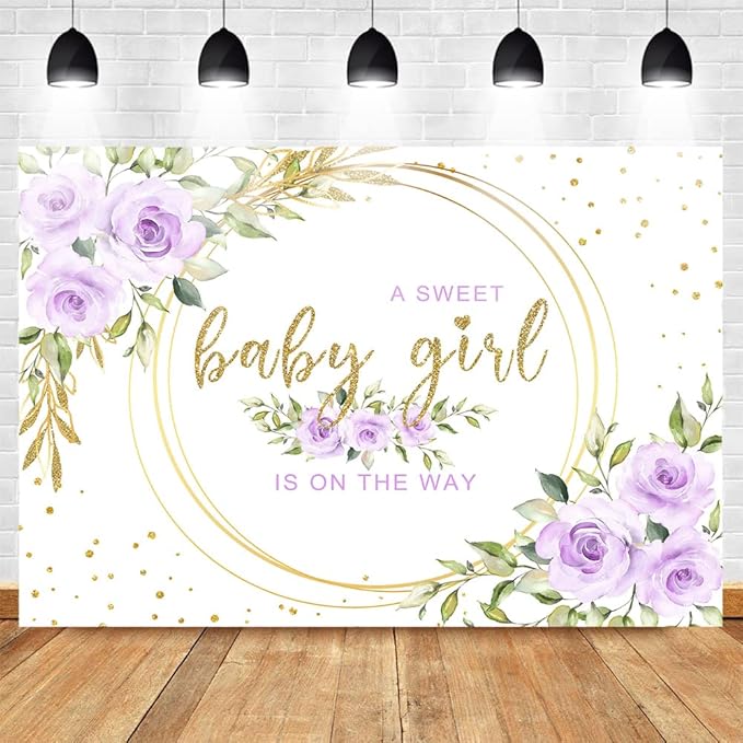 Mocsicka Floral Sweet Baby Girl Backdrop It's a Girl Baby Shower Background Watercolor Lavender Purple Floral Baby Shower Party Cake Table Decoration Photo Booth Props (7x5ft)