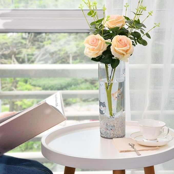 Flower Vase Clear Plastic Cylinder Vases Decor for Centerpieces Home Storage Office Weddings Cute Colorfl Cartoon Cats Light Blue 11.8 x 3.9 in