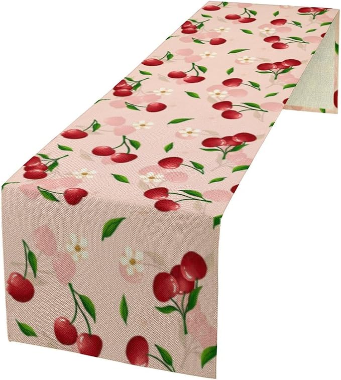 Cherry Table Runner,Spring Summer Fruit Tropical Birthday Party Decorations Dining Room Home Kitchen Table Decor 13 x 70In