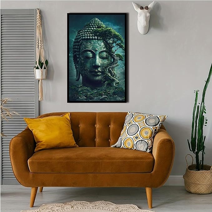 Buddha statue wall art canvas wall decor aesthetic picture mystical nature art for tranquil home and spiritual space 8x12in Metal blackFramed
