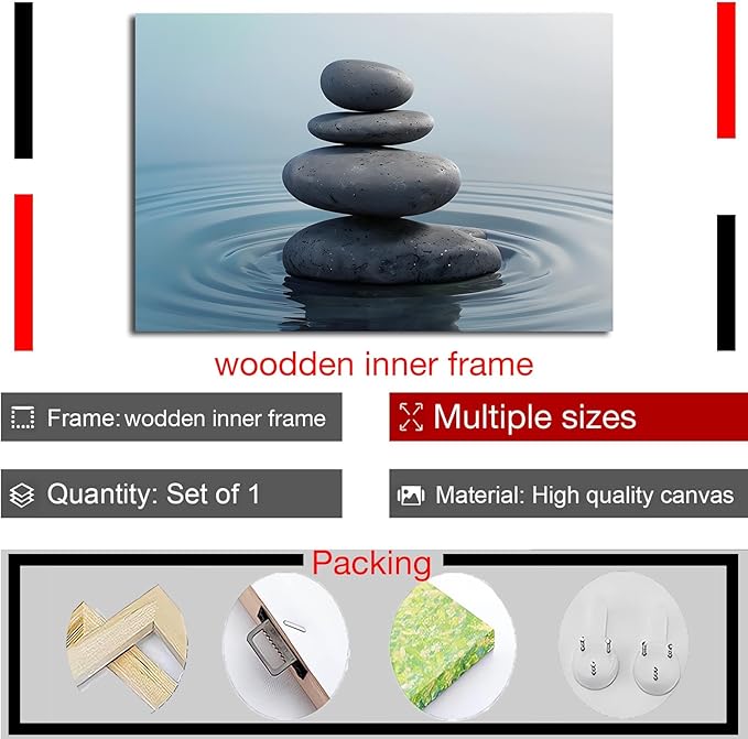 Zen wall art Harmonious grey stones stacked on a calm surface of water Serene Zen decor suitable for tranquil homes and spaces of meditation 16x24in Wood Framed